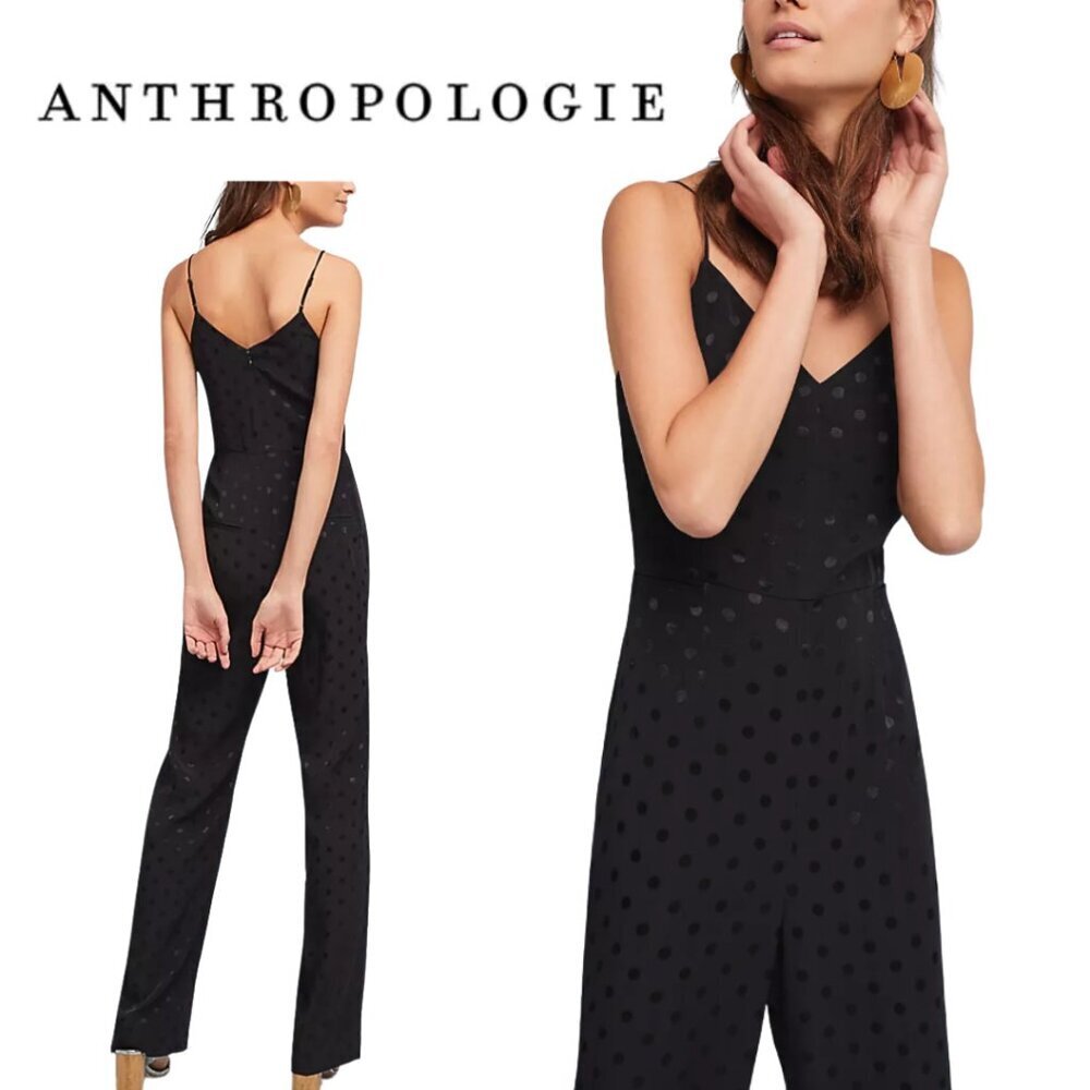 Anthropologie, The Essential Jumpsuit, Sleeveless Polka Dot Jumpsuit, Black